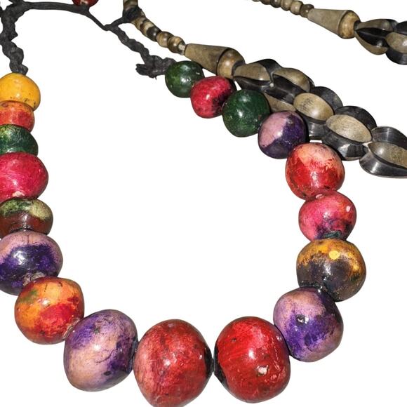 Lot 2 Boho Wood Bead Statement Necklaces Multicolor & Carved Artisan Chunky - Picture 1 of 6